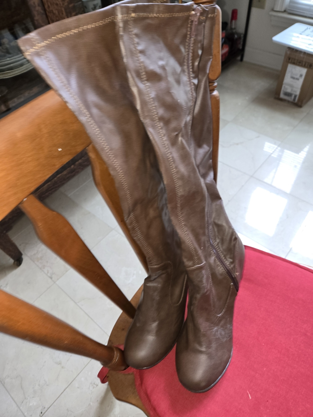 Women's Over-the-Knee Brown Stretch Faux-Leather Boots - Picture 2 of 4